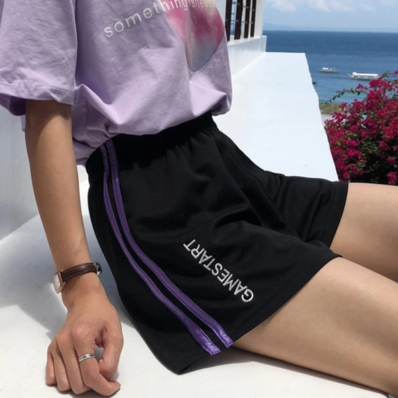 

High Waist Shorts Women Kpop Embroidery Letters Korean Striped Wide Leg Shorts Harajuku Loose M-XXL Chic Summer Short Feminino