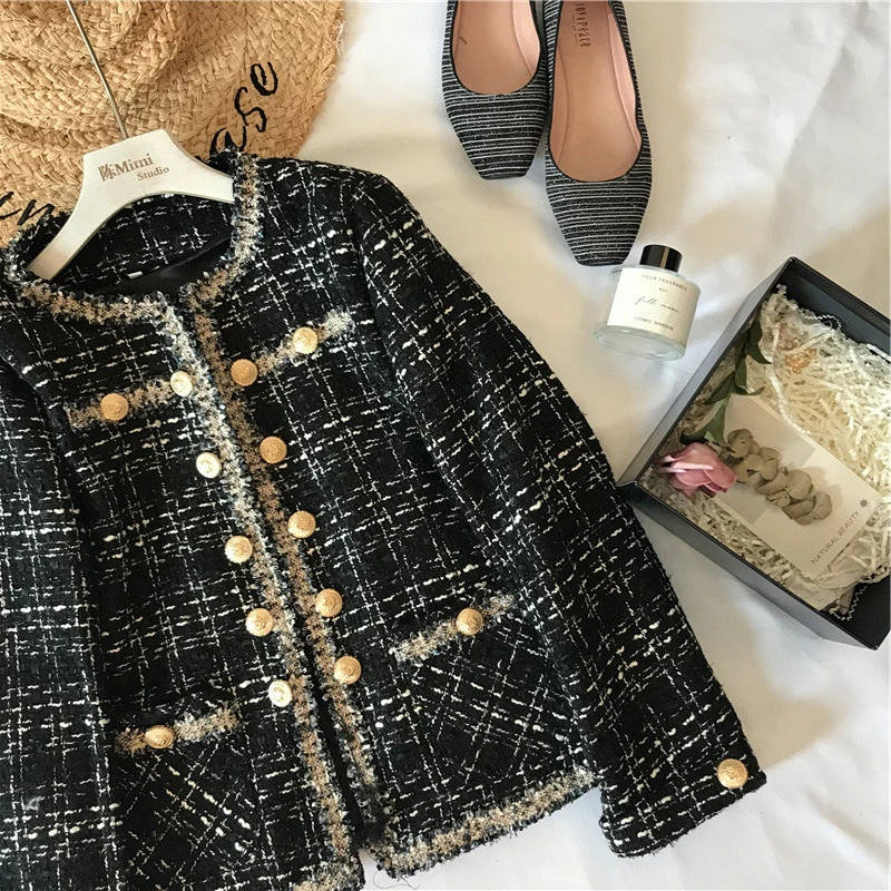 

New Spring and Autumn Jackets Female Double-breasted Tweed Wool Coat Black Suit Jacket Women Retro Outwear