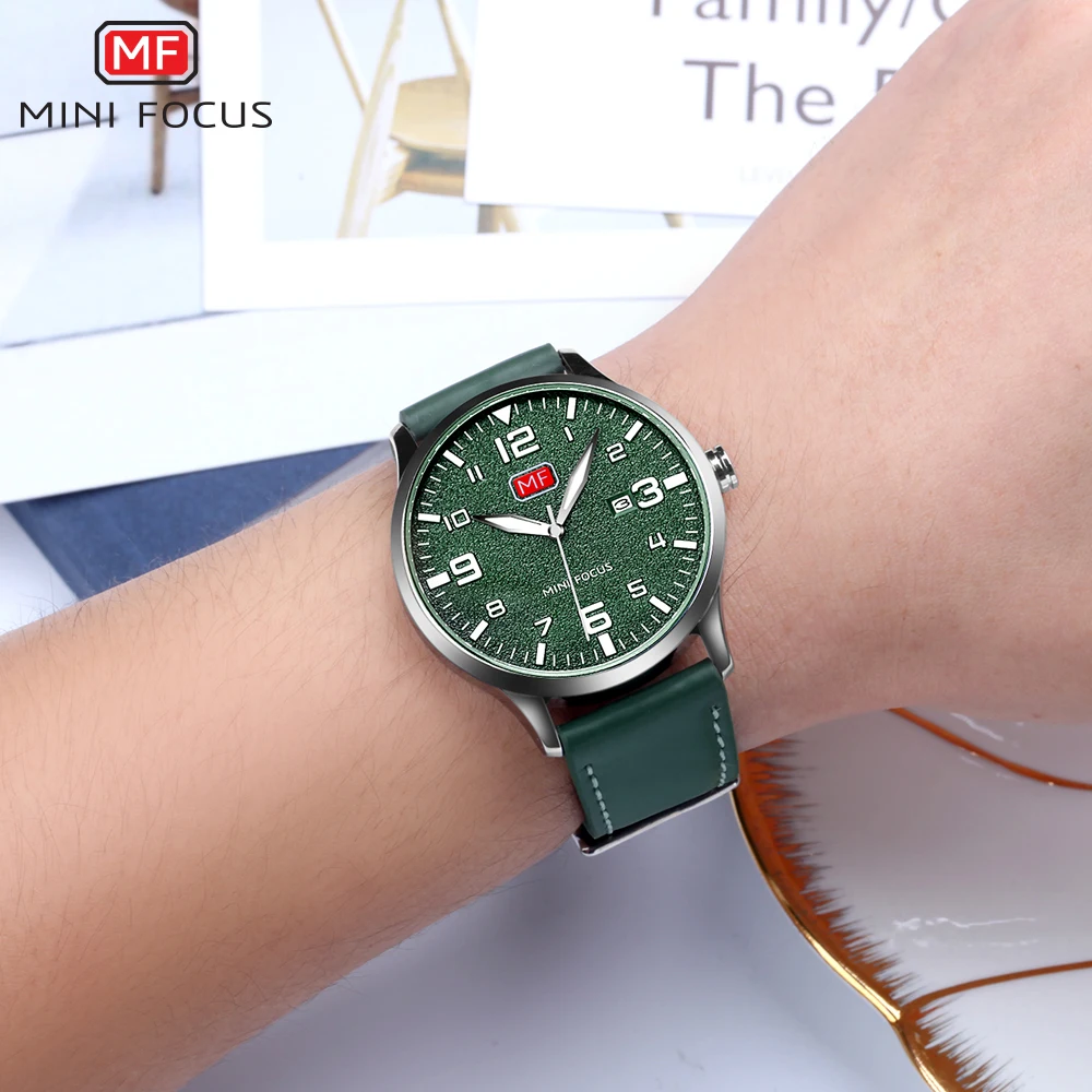 Ультратонкие армейские спортивные кварцевые часы с мини-фокусом, мужские военные водонепроницаемые наручные часы с кожаным ремешком, мужские часы Relogios 0158G зеленого цвета