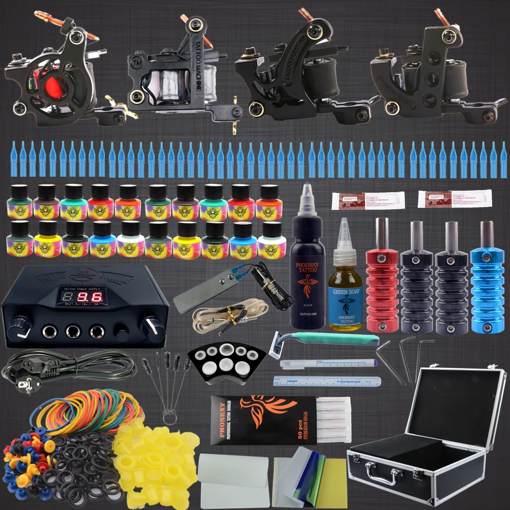 

Professional Tattoo Kit 4 Tattoo Machine Set with 20 Colors Tattoo Inks Pigment Grip Needles Professional Tattoo Set Kit
