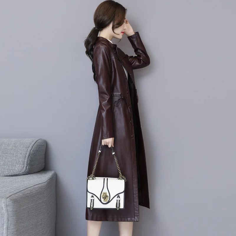 Wine Red cotton add Куртка из искусственной кожи женская узкий длинный плащ женское осеннее пальто Зимние Куртки из искусственной кожи Верхняя одежда плюс размер 5XL YQ355 - Цвет: Wine Red cotton add