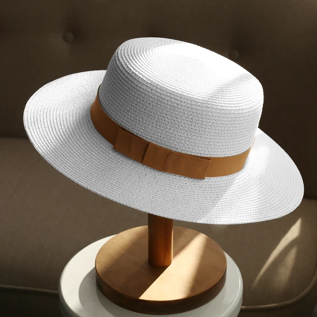 White straw hat female summer hat flat top flat cap sun shade sun hat