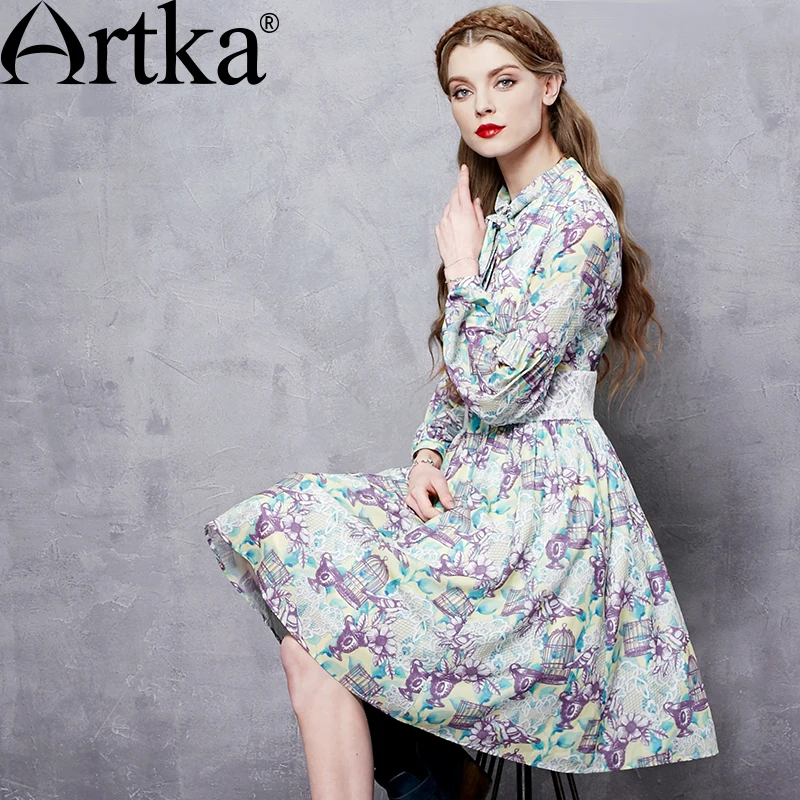 Artka винтажное платье для женщин 2018 осенние женские платья цветочное шифоновое