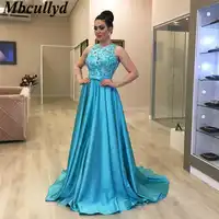 Mbcullyd African Long Prom Dresses 2019 Sheer Blue Lace Appliques Girls Party Gowns Cheap Plus Size Formal vestidos de festa