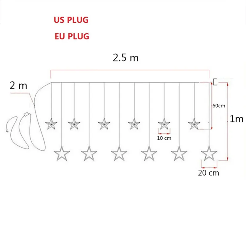 2,5 м, романтическая сказочная звезда, светодиодный светильник для занавесок, ЕС, 220 В, США, 110 В, хвостовая заглушка, Рождественский светильник, гирлянда, для декора свадеб, праздников