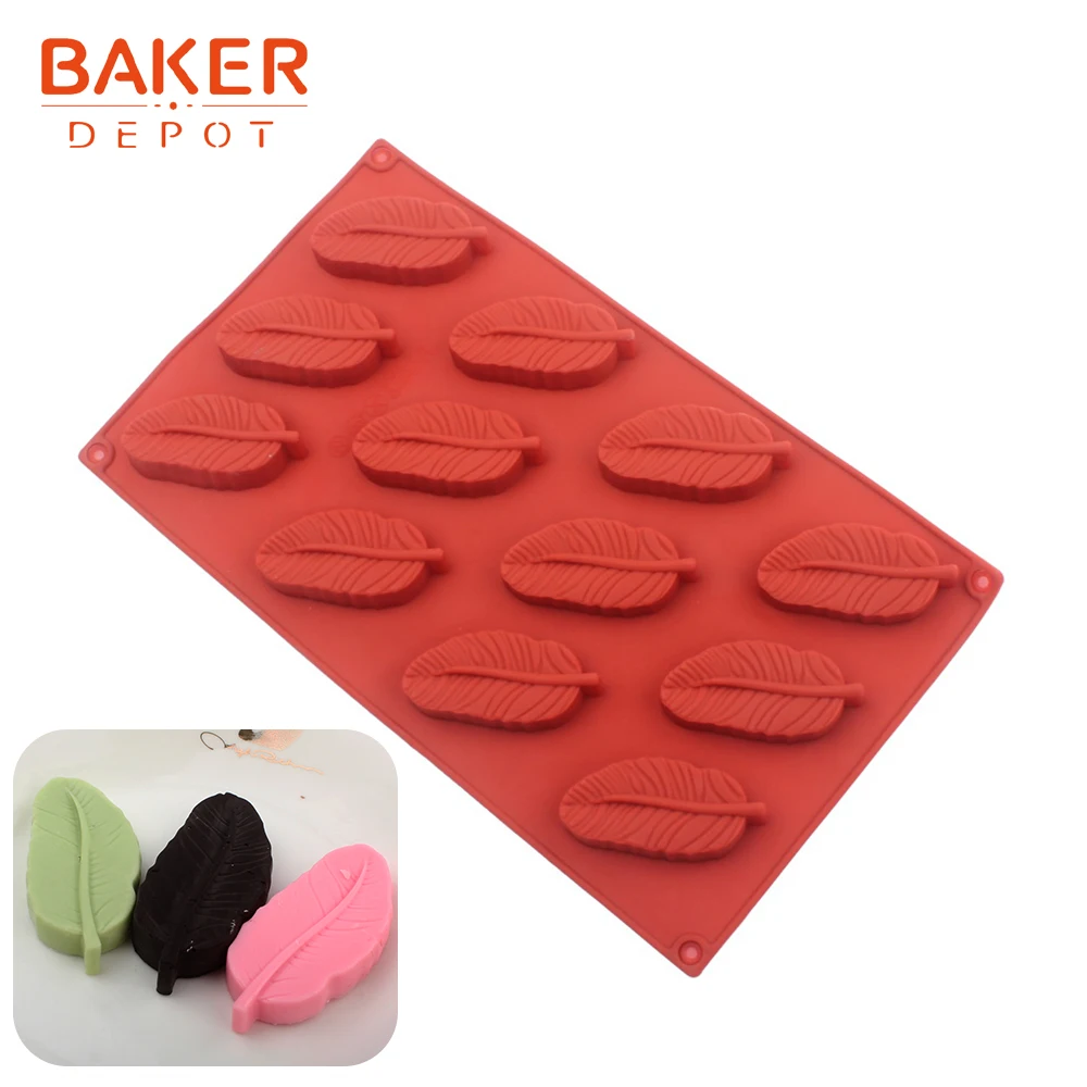BAKER DEPOT silicone mold for chocolate biscuit feather shape jelly candy cake pastry baking form decoration leaf 12 cavity | Дом и сад