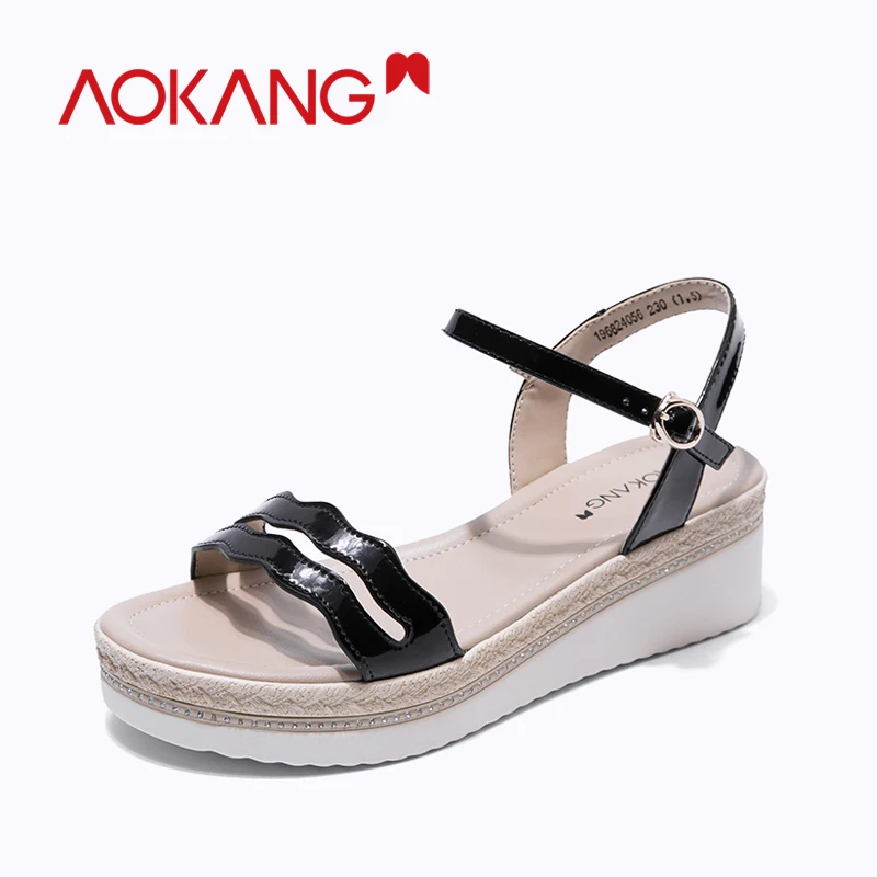 

AOKANG Women Sandals Platform Sandals Raffia Wedges Shoes For Women Heels Sandalias Mujer Summer Flip Flop Leather Heels Sandals