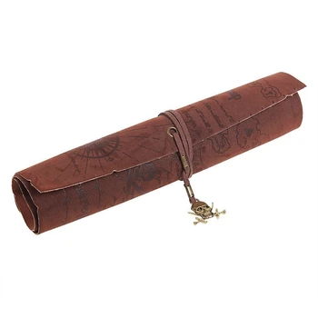 

Retro Pirate Treasure Map Pattern Roll up PU Leather Pencil Case Holder (Skull)