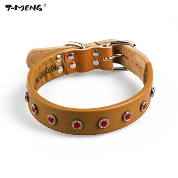 

T-MENG Pet Dog Collar Genuine Leather Adjustable Size 1 Row Red Rivet Studded Rhinestone Yellow Necklace Dog Accessories supplie
