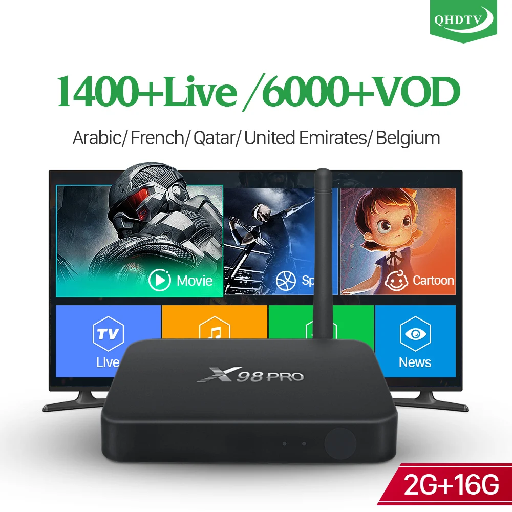 

IPTV French Arabic Box Android 2G 16G 4K Dual-Band Wifi X98 Pro with QHDTV IPTV Subscription France Arabic Belgium Dutch IP TV