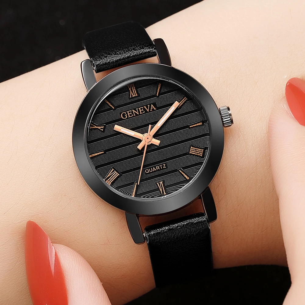 new fashion geneva women leather band stainless steel quartz analog wrist watch