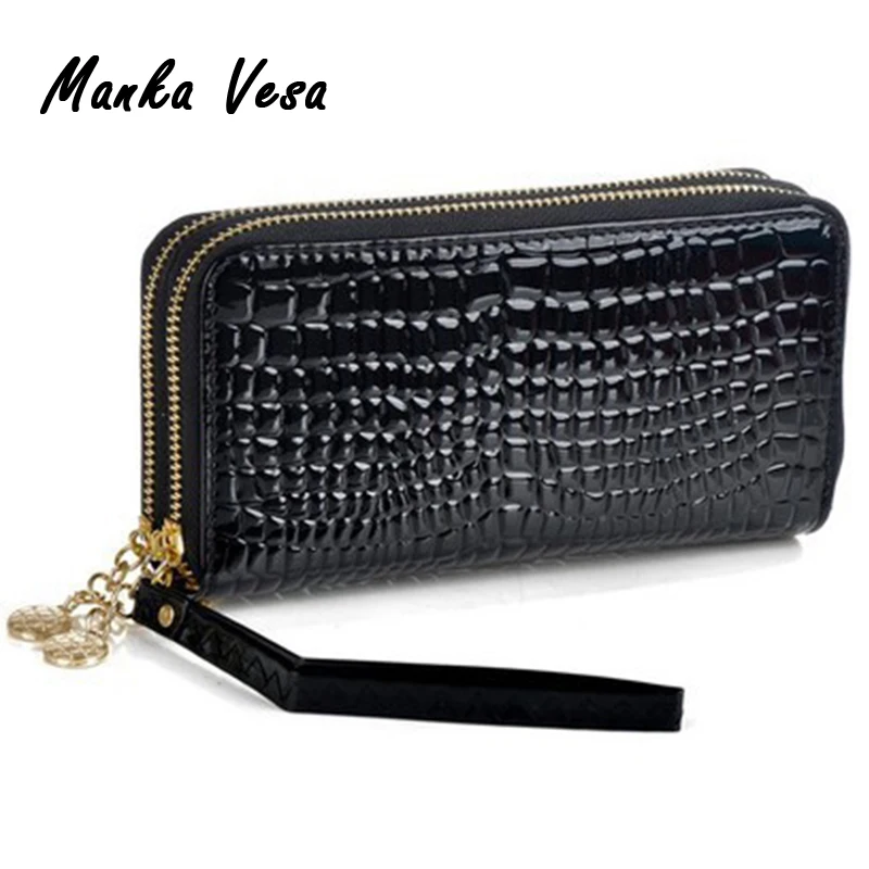  Manka Vesa big capacity ladies long purses high quality patent pu leather women wallets luxury double zipper day clutch Black 