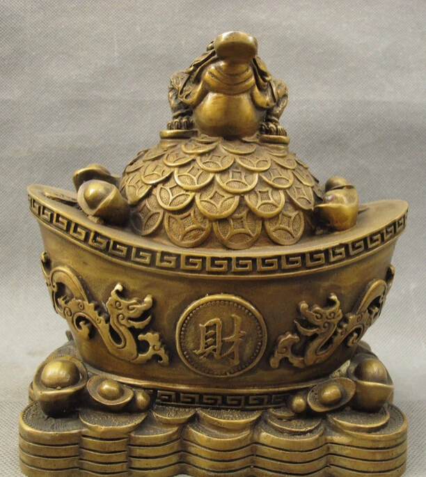 

S4629 Folk Chinese Bronze Wealth Hoptoad Toad On Dragon Unicorn Money YuanBao Statue D0317
