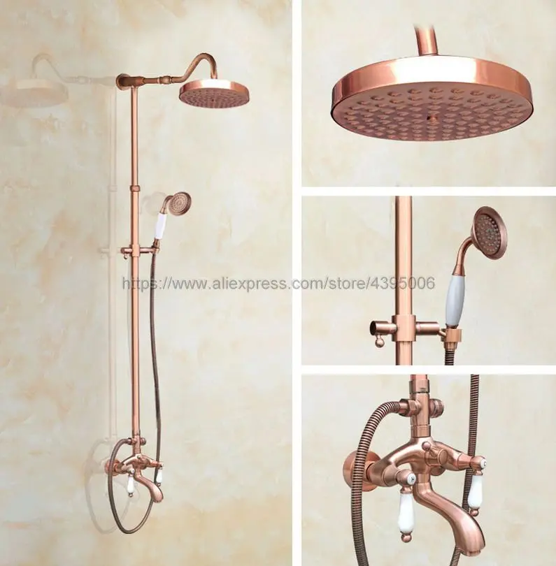 

Antique Red Copper Rainfall Shower Head Shower Faucet Mixer Set Dual Handle + Tub Spout + Hand Held Shower Brg630