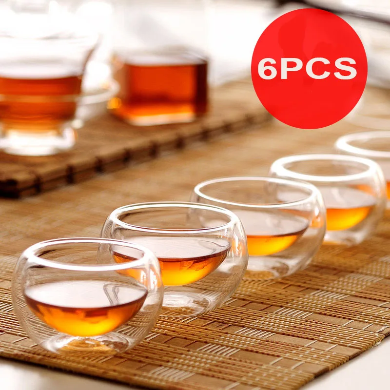 

6Pcs/Set Double Layers Wall Glass Tea Cup Mini 50ml Drinking Kung Fu Cup Teacup Heat Resistant Glass Tea Cups Tools saucers