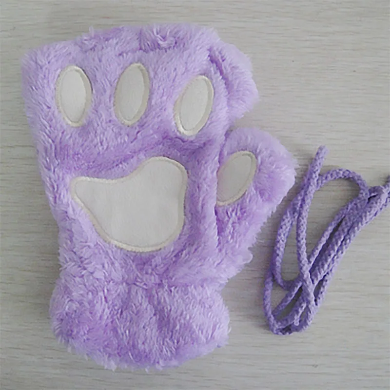 1 пара милых зимних перчаток, милые плюшевые теплые рукавицы с кошачьей лапой, короткие перчатки без пальцев, перчатки на половину пальцев для женщин, девушек, BH - Цвет: Purple