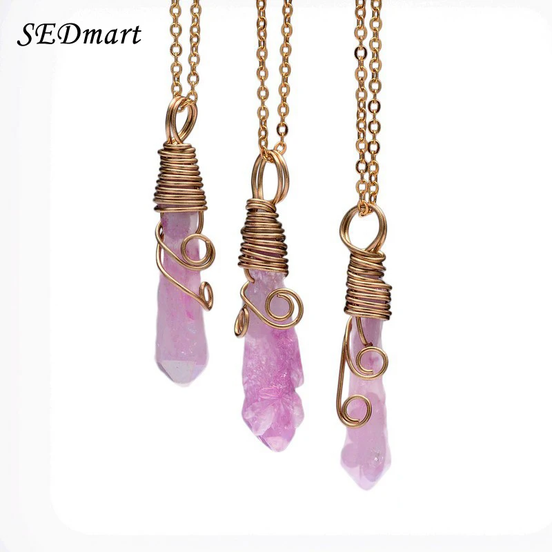 SEDmart Handmade Colorful Wire Wrapped Raw Natural Stone Women Pendant Necklace Amethyst Pink Quartz Dursy Crystal