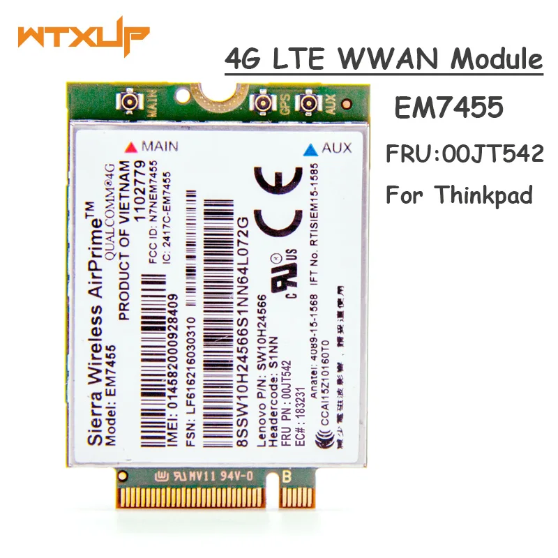 

WWAN LTE 4G Module Sierra Wireless Airprime EM7455 QUALCOMM GOBI6000 FRU 00JT542 For Lenovo X260 T460 P50 P70 L560 X1 Carbon