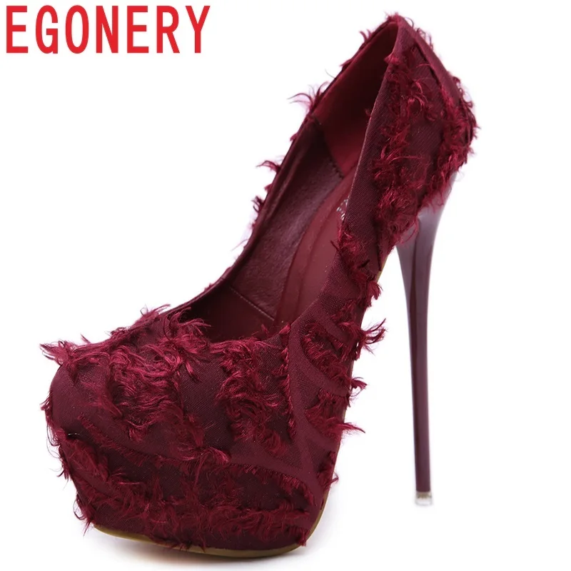 

EGONERY 2019 new fashion cloth super high heels platform party shoes women round toe slip-on three colors elegant party pumps