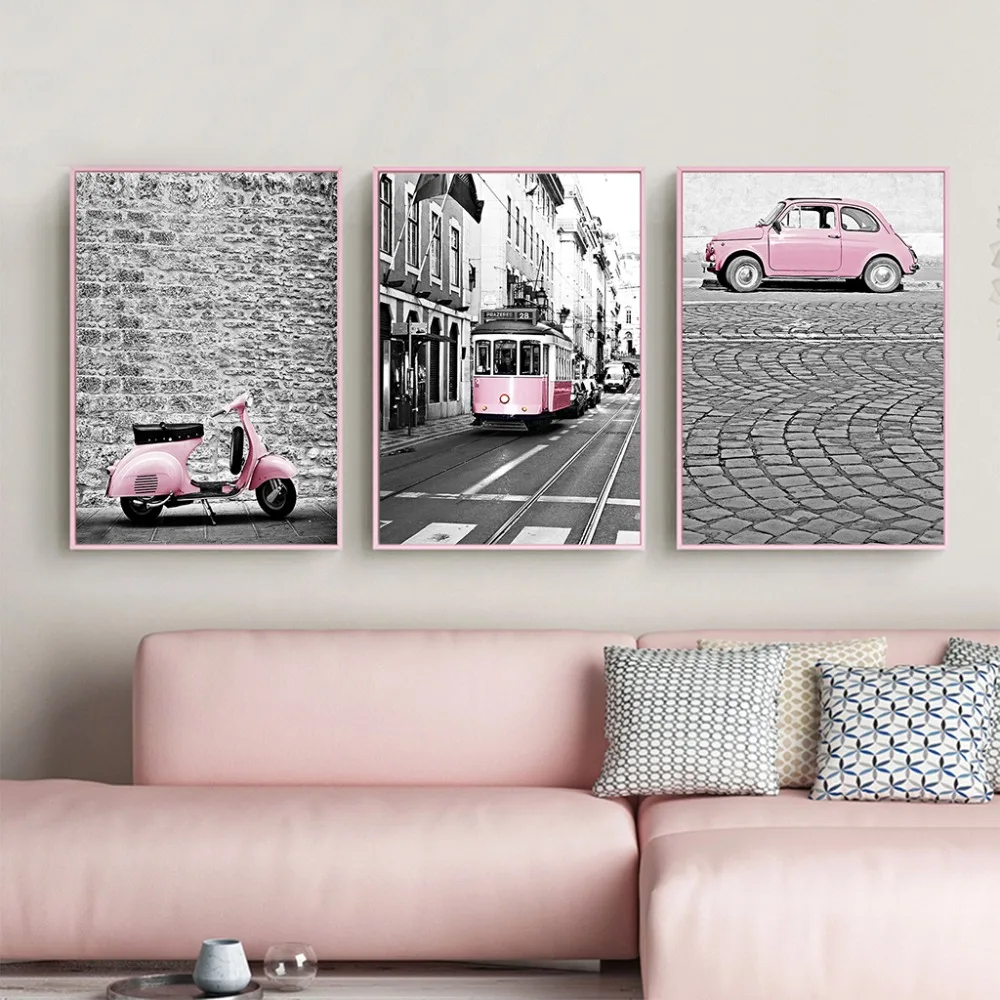

Nordic Pink Girl Series Canvas Painting Black and White Pictures Car Train Poster Print decoration for Living Room Home Decor