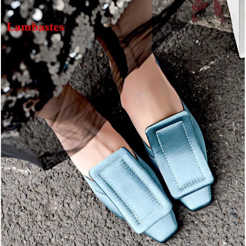 

2019 Spring Women Pumps Light Yellow Square Toe Buckle Shallow Women Casual Shoes Slip On Med Heel Women Pumps Fashion Mujer