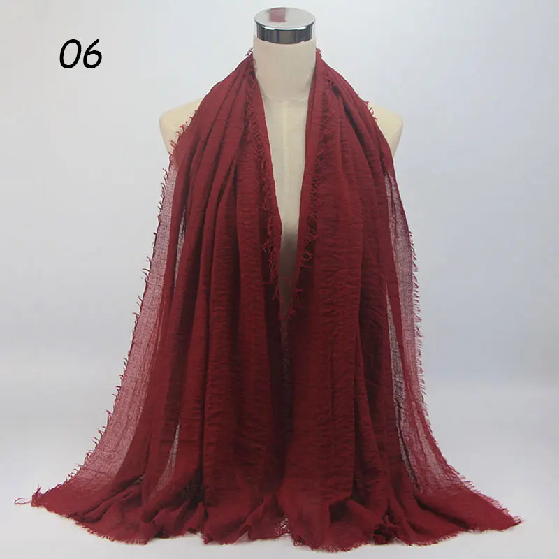 Sparsil Весенний хлопковый женский шарф Одноцветный мнущийся Ретро шарф с короткими кисточками 180 см Большие шали мусульманские женские хиджабы - Цвет: 06 Wine Red Scarf