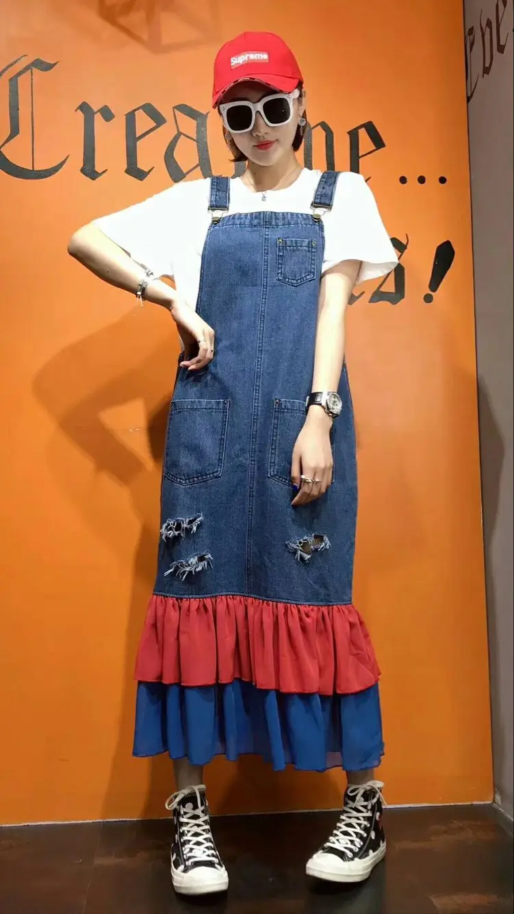 Harajuku/женские спагетти ремень джинсовые платья Street Wear отверстия летнее платье с