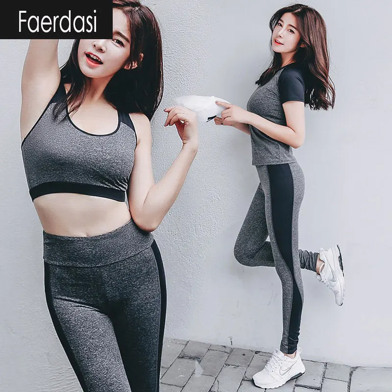 

faerdasi Women's Gray Yoga set tracksuits Sport Suit 3 piece T-shirt Sports Bra Fitness Tights Pants Quick Dry Slim Sportswears