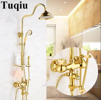 

Shower Faucet Luxury Brass Rain Shower Set Dural Handle Wall Mount Gold Bathroom Faucet With Slide Bar Bathtub Faucet