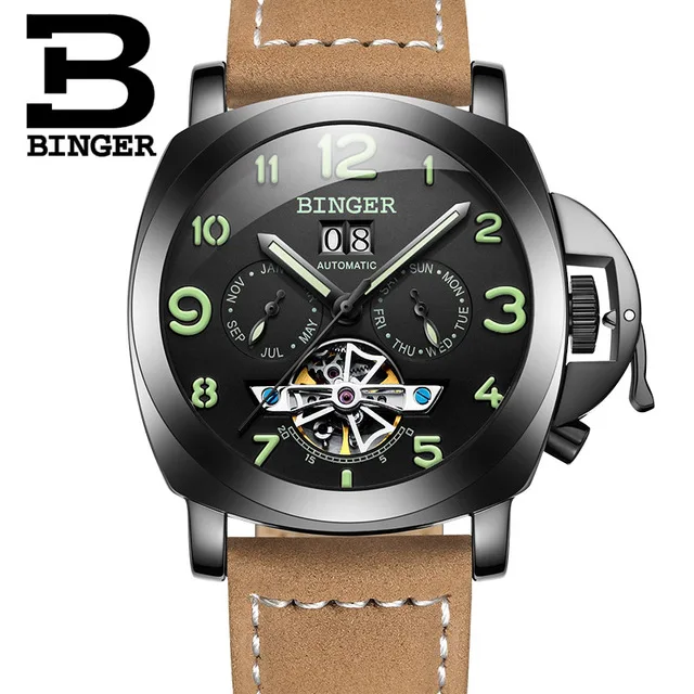 Швейцарские автоматические механические часы Бингер, мужские роскошные модные брендовые часы из натуральной кожи, мужские военные спортивные часы с турбийоном - Цвет: 04