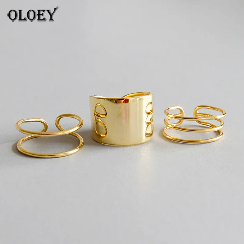 

OLOEY Classic 925 Sterling Silver Adjustable Wide Ring Finger Unisex Women Big Gold Plated Open Rings Band Bijoux Jewelry YMR543