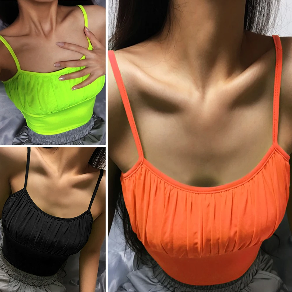 

2019 fashion Sexy Spaghetti Straps Ruffles Crop Top summer black orange Women Sleeveless Camisole Top Female Skinny tank top