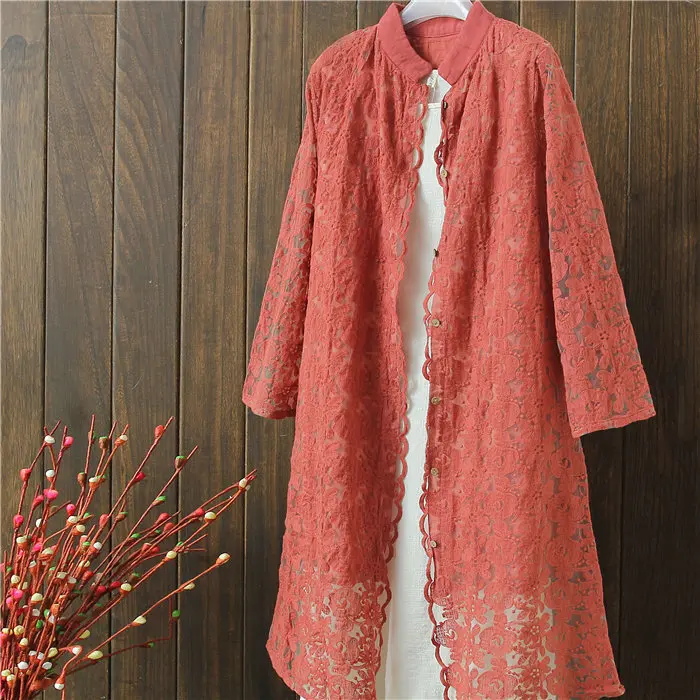 

Double Hollow Out Flower Design New Women'S Sweet Solid Color Long Lace Cardigans Loose Wild Spring Summer Shirt
