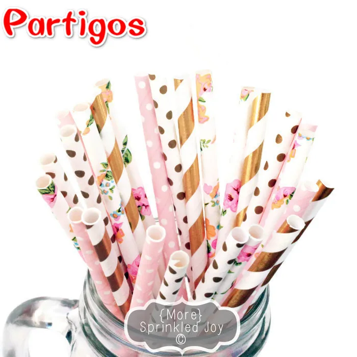 25pcs/pack Paper Disposable Straws Birthday Wedding Party Decor 19CM Gold Silver Polka Dot Striped Straws Event Party Supplies