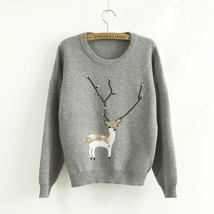 Christmas Women Elk Sequins Sweater Pullovers Tops Long Sleeve Wool Deer Sweaters Jumper 