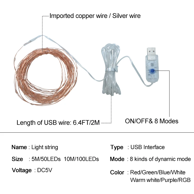 USB светодиодный RGB Рождественский Сказочный светильник s 10 метров 8 режимов Светодиодный Диодная гирлянда светильник гирлянда для помещений и улицы праздничный декоративный светильник ing