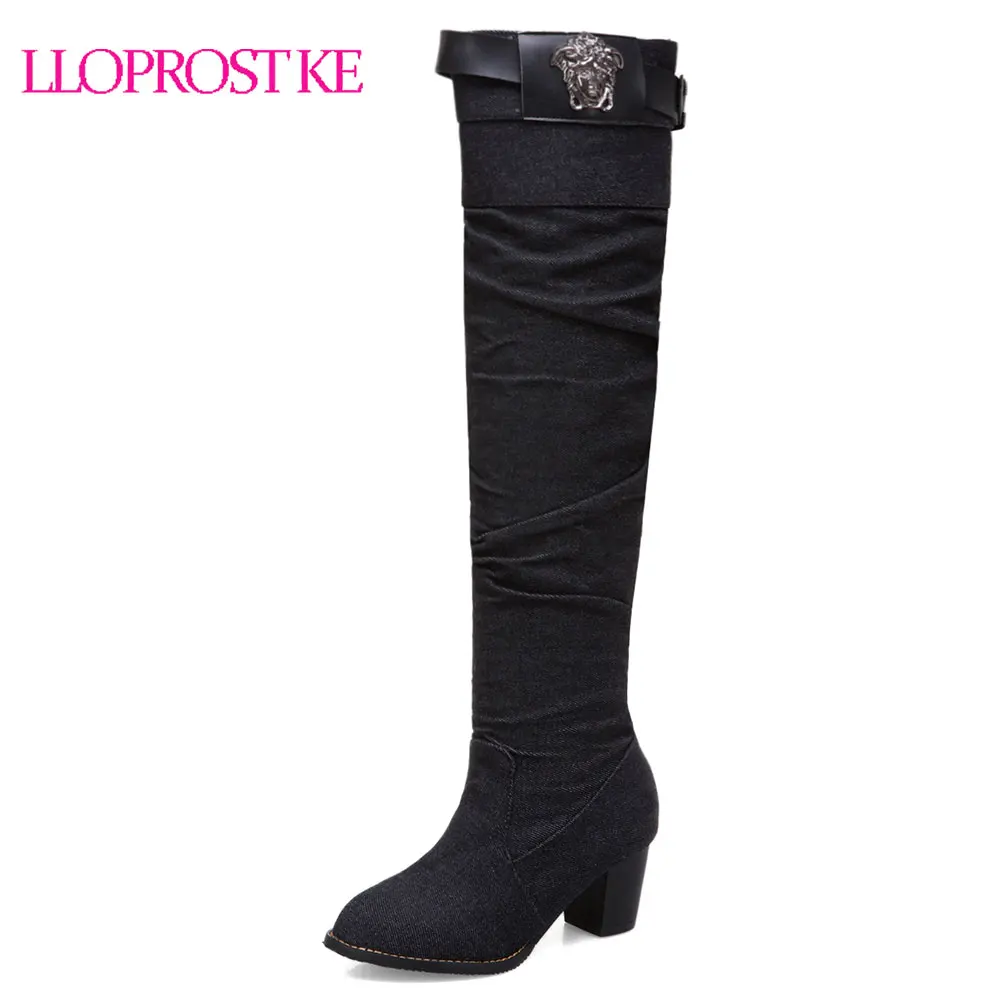 

Lloprost ke denim over knee boots thick high heels ladies chaussure gladiator shoes woman zapatos mujer sapato feminino D469