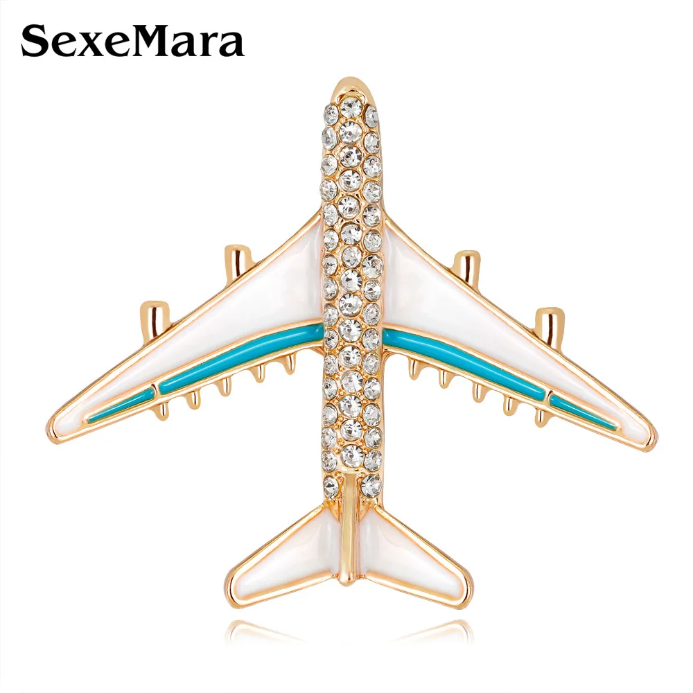 SexeMara Cute Airplane Brooch Pins Enamel Plane Luxury Brand Rhinestone Brooches For Women Men Costumes Aircraft Brooch Jewelry