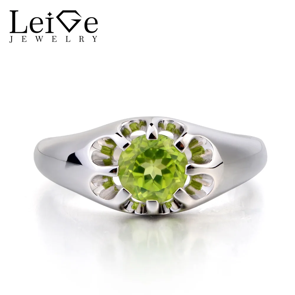 Leige Jewelry Natural Green Peridot Ring Promise Ring Round Cut Gemstone August Birthstone 925