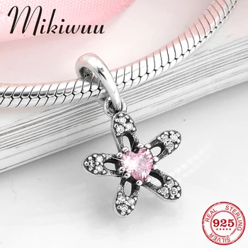 

925 Sterling Silver pink heart CZ daisy shape fine Pendants Bead Jewelry making Fit Original Pandora Charm Bracelet