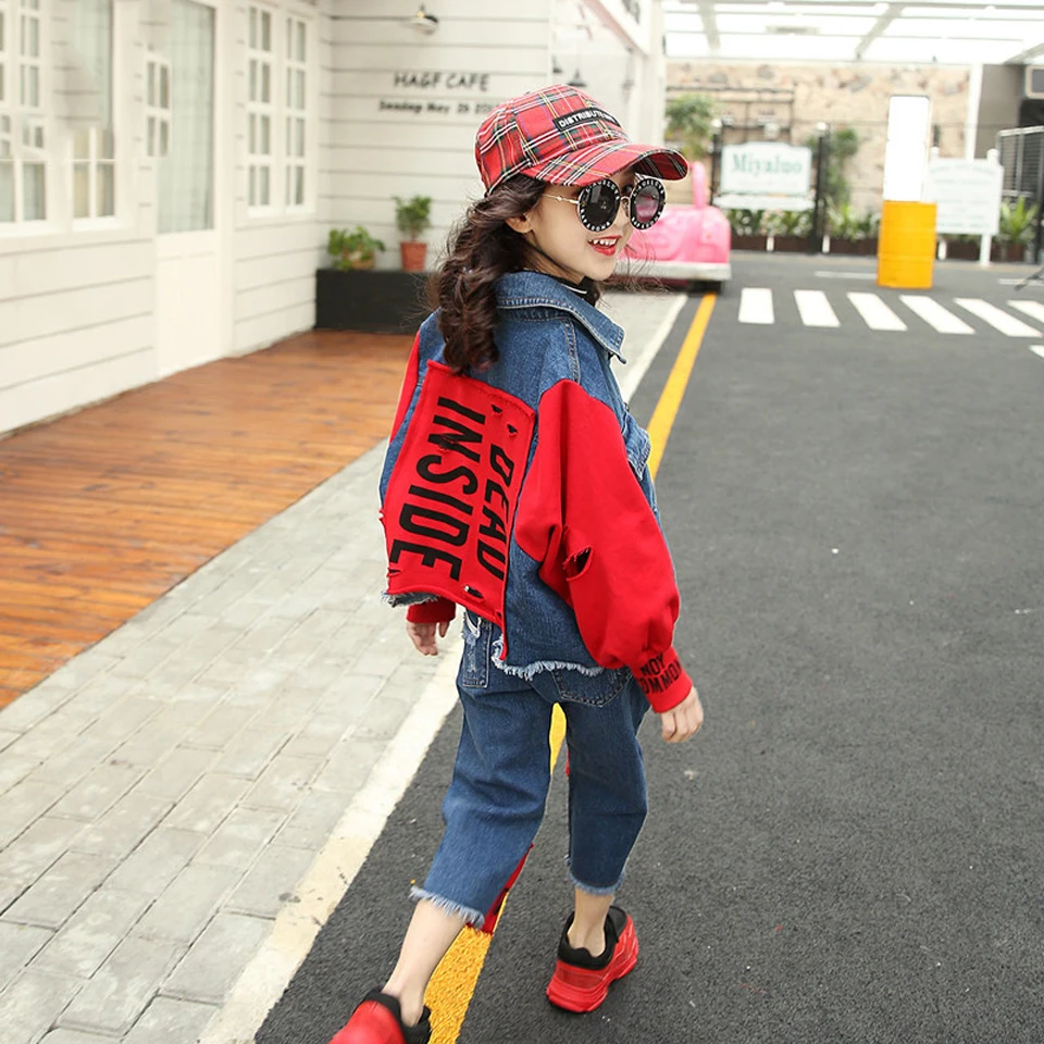 

2018 Autumn Denim Children's Clothing For Girls Letter Jacket+Jeans Spring Kids Clothing Teenage Clothes For Girls 6 8 12 Years