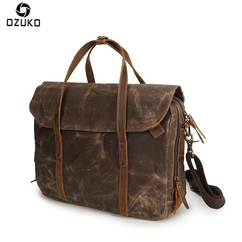 

OZUKO Men Vintage Canvas Messenger bag crazy horse leather Handbag Men Shoulder Bag Business Casual Crossbody Canvas Travel Bag