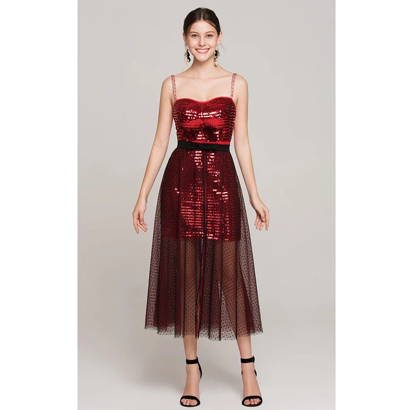 bodycon two piece womens summer clothing 2018 burgundy sequin dress spaghetti strap women mini dresses + sheer dot mesh skirt