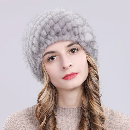 Hot Sale Winter Real Mink Fur Hat Women Good Elastic Knit Real Natural Mink Fur Beanies Hats Lady Real Mink Fur Thick Warm Cap - Цвет: grey