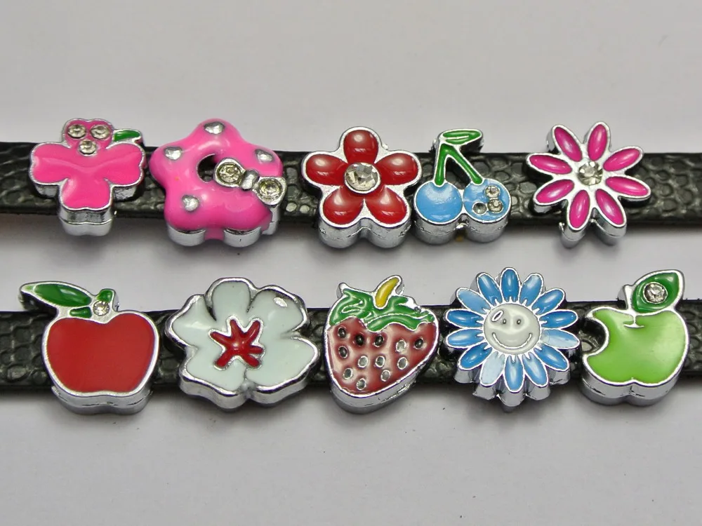 

10 Assorted Alloy Enamel Flower Fruit Slide Charm Fit 8mm Wristband