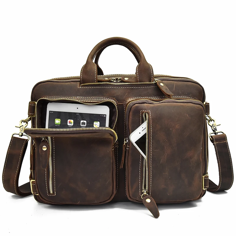 Мужской рюкзак из натуральной кожи для ноутбука 1" PC crazy horse, кожаная деловая сумка, 2 использования, коровья кожа, сумки через плечо, 3 слоя, рабочая сумка