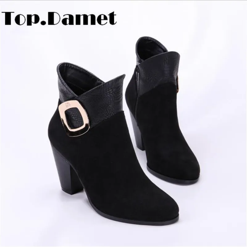 

Top.Damet Ankle Boots Woman High Square Heel Zipper Pointed Toe Short Boots Non Slip Breathable Solid Black Color Boots Ladies