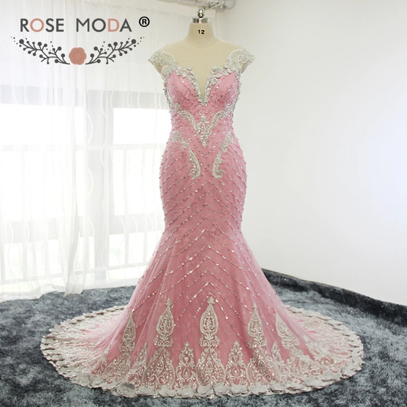 

Rose Moda Pink Lace Evening Dress Crystal Mermaid Evening Dresses with 3D Flowers Formal Party Dress 2019