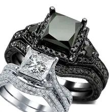 Sz 4-12 черный родий принцесса огранка оникс Свадебные обручальные кольца набор предложить себе Свадебные Halo Коктейльные обещания юбилей