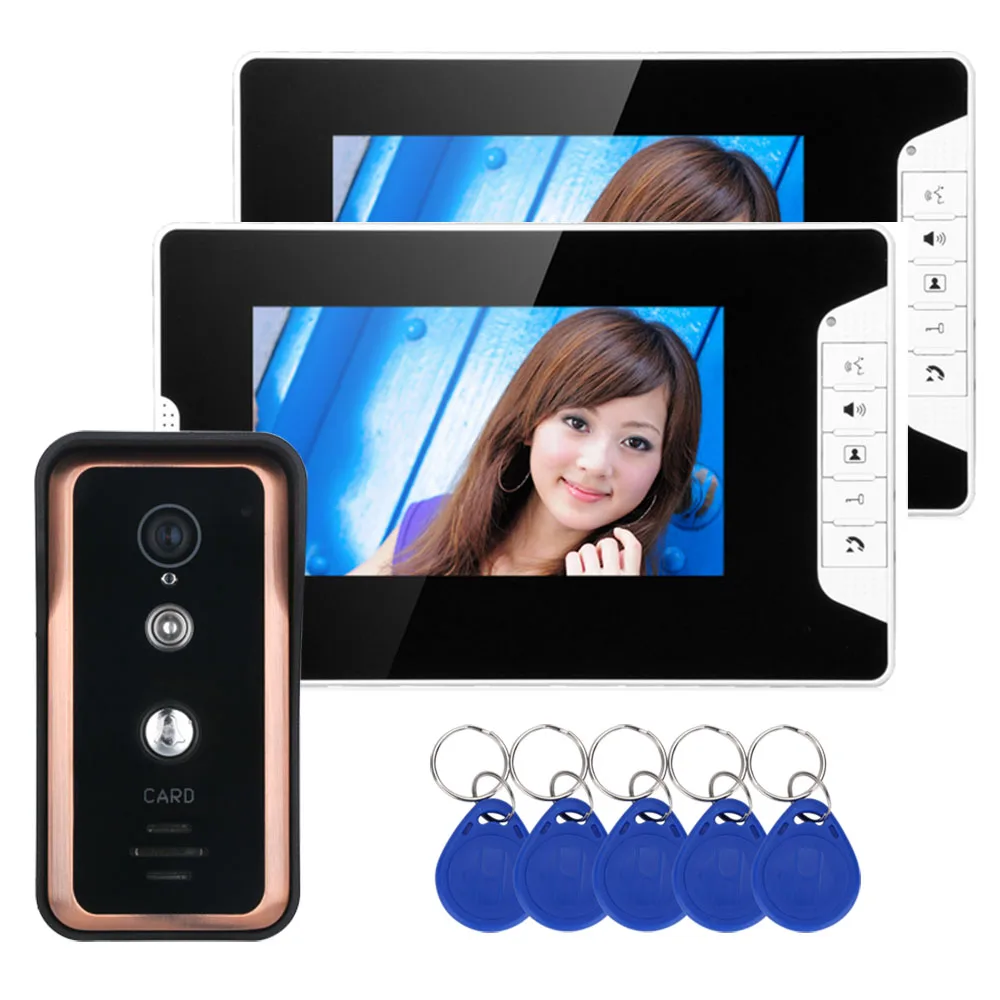 2 монитора 7-дюймовый цветной видеодомофон телефон двери Системы с RFID Card Reader HD дверной звонок 1000TVL IR-CUT Камера